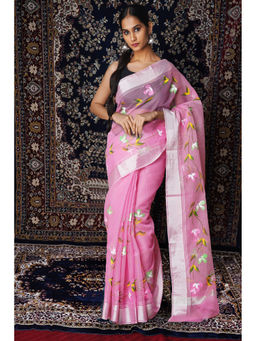 Unnati Silks - Pink Floral Hand Painted Kota Saree with Unstitched Blouse