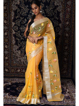 Unnati Silks - Yellow Floral Hand Painted Kota Saree with Unstitched Blouse