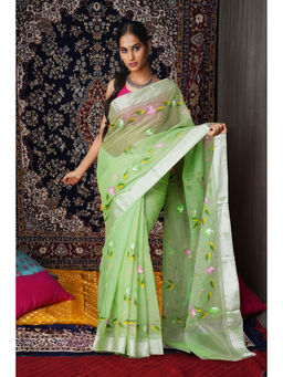 Unnati Silks - Green Floral Hand Painted Kota Saree with Unstitched Blouse