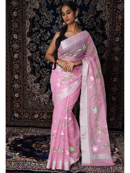 Unnati Silks - Pink Floral Hand Painted Kota Saree with Unstitched Blouse