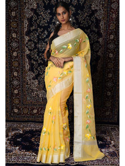 Unnati Silks - Yellow Floral Hand Painted Kota Saree with Unstitched Blouse