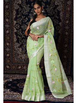 Unnati Silks - Green Floral Hand Painted Kota Saree with Unstitched Blouse