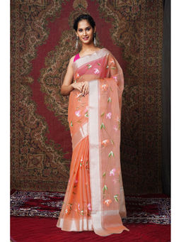 Unnati Silks - Orange Floral Hand Painted Kota Saree with Unstitched Blouse