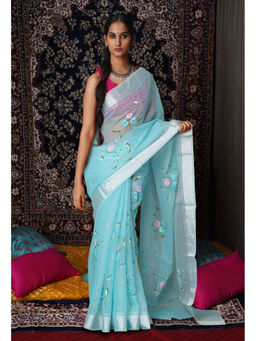 Unnati Silks - Sky Blue Floral Hand Painted Kota Saree with Unstitched Blouse
