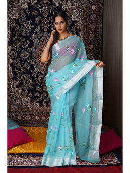 Unnati Silks - Blue Floral Hand Painted Kota Saree with Unstitched Blouse