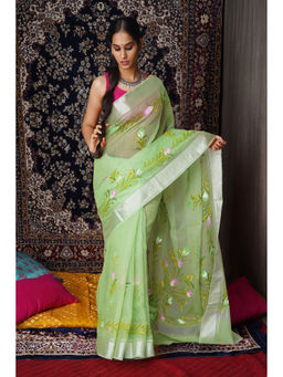 Unnati Silks - Green Floral Hand Painted Kota Saree with Unstitched Blouse