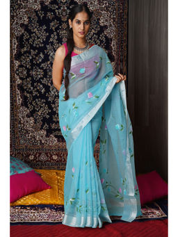 Unnati Silks - Blue Floral Hand Painted Kota Saree with Unstitched Blouse
