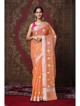 Unnati Silks - Orange Floral Hand Painted Kota Saree with Unstitched Blouse