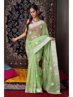 Unnati Silks - Green Floral Hand Painted Kota Saree with Unstitched Blouse