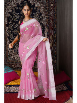 Unnati Silks - Pink Floral Hand Painted Kota Saree with Unstitched Blouse