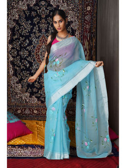 Unnati Silks - Blue Floral Hand Painted Kota Saree with Unstitched Blouse