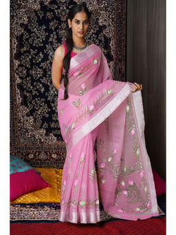 Unnati Silks - Pink Floral Hand Painted Kota Saree with Unstitched Blouse
