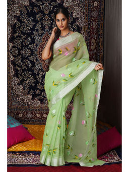 Unnati Silks - Green Floral Hand Painted Kota Saree with Unstitched Blouse