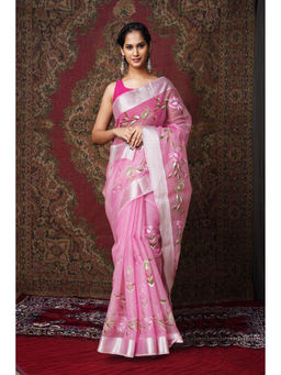 Unnati Silks - Pink Floral Hand Painted Kota Saree with Unstitched Blouse