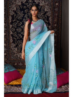 Unnati Silks - Blue Floral Hand Painted Kota Saree with Unstitched Blouse