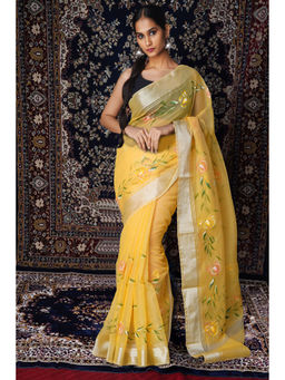 Unnati Silks - Yellow Floral Hand Painted Kota Saree with Unstitched Blouse