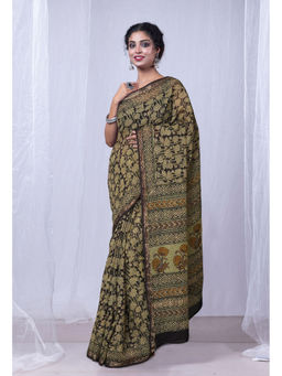 Unnati Silks - Black Discharge Bagru Floral Printed Kota Saree with Unstitched Blouse