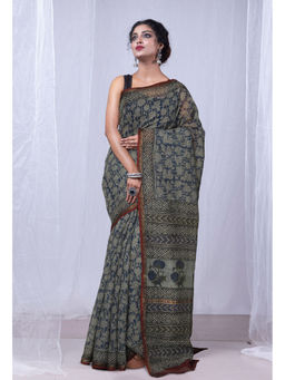 Unnati Silks - Navy Blue Discharge Bagru Floral Printed Kota Saree with Unstitched Blouse
