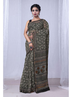 Unnati Silks - Green Discharge Bagru Floral Printed Kota Saree with Unstitched Blouse