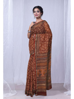 Unnati Silks - Rust Discharge Bagru Floral Printed Kota Saree with Unstitched Blouse