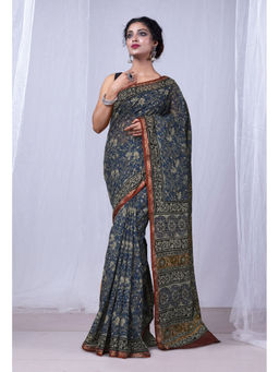 Unnati Silks - Navy Blue Discharge Bagru Floral Printed Kota Saree with Unstitched Blouse