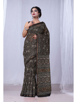 Unnati Silks - Olive Discharge Bagru Floral Printed Kota Saree with Unstitched Blouse