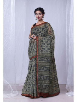 Unnati Silks - Navy Blue Discharge Bagru Floral Printed Kota Saree with Unstitched Blouse