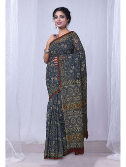 Unnati Silks - Navy Blue Discharge Bagru Floral Printed Kota Saree with Unstitched Blouse