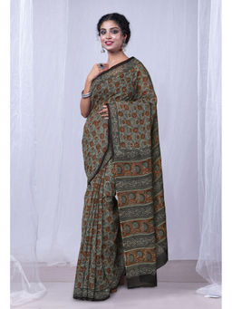 Unnati Silks - Sea Green Discharge Bagru Floral Printed Kota Saree with Unstitched Blouse