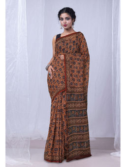 Unnati Silks - Rust Discharge Bagru Floral Printed Kota Saree with Unstitched Blouse