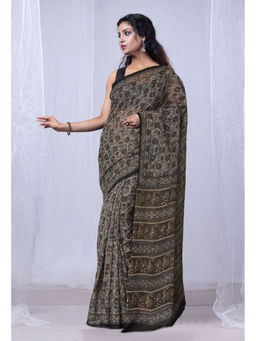 Unnati Silks - Grey Discharge Bagru Floral Printed Kota Saree with Unstitched Blouse