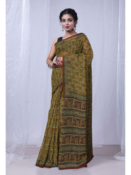 Unnati Silks - Green Discharge Bagru Floral Printed Kota Saree with Unstitched Blouse