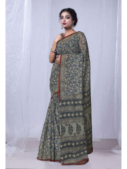 Unnati Silks - Navy Blue Discharge Bagru Floral Printed Kota Saree with Unstitched Blouse