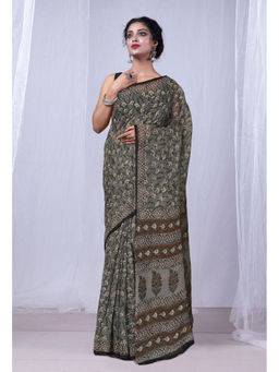 Unnati Silks - Dark Green Discharge Bagru Floral Printed Kota Saree with Unstitched Blouse