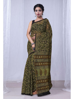 Unnati Silks - Green Discharge Bagru Floral Printed Kota Saree with Unstitched Blouse
