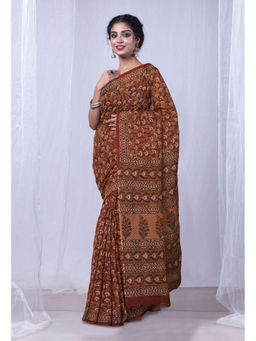 Unnati Silks - Rust Discharge Bagru Floral Printed Kota Saree with Unstitched Blouse