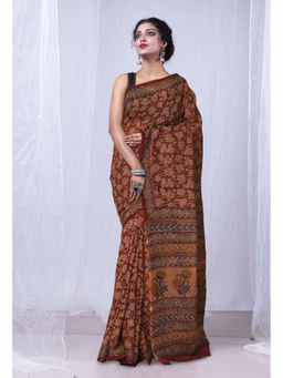 Unnati Silks - Rust Discharge Bagru Floral Printed Kota Saree with Unstitched Blouse