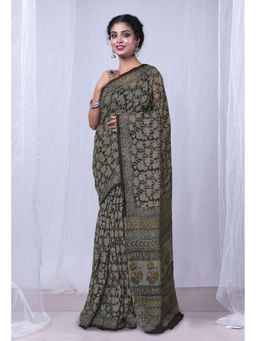 Unnati Silks - Black Discharge Bagru Floral Printed Kota Saree with Unstitched Blouse
