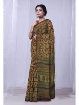 Unnati Silks - Green Discharge Bagru Floral Printed Kota Saree with Unstitched Blouse