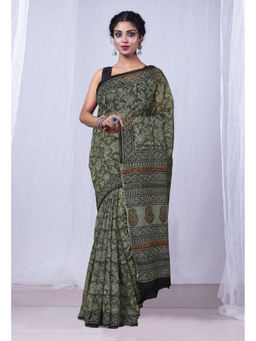 Unnati Silks - Green Discharge Bagru Floral Printed Kota Saree with Unstitched Blouse