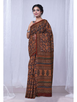 Unnati Silks - Rust Discharge Bagru Printed Kota Saree with Unstitched Blouse