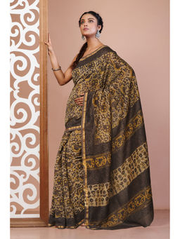 Unnati Silks - Brown Floral Block Printed Chanderi Sico Saree with Unstitched Blouse
