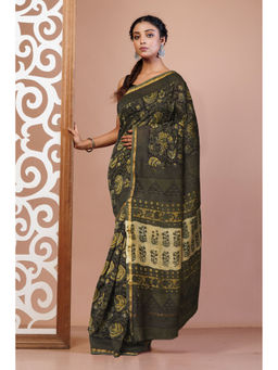 Unnati Silks - Green Floral Block Printed Chanderi Sico Saree with Unstitched Blouse