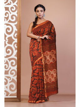 Unnati Silks - Orange Floral Block Printed Chanderi Sico Saree with Unstitched Blouse