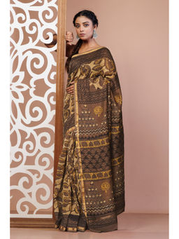 Unnati Silks - Brown Floral Block Printed Chanderi Sico Saree with Unstitched Blouse