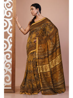 Unnati Silks - Mustard Floral Block Printed Chanderi Sico Saree with Unstitched Blouse