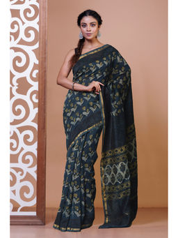 Unnati Silks - Navy Blue Floral Block Printed Chanderi Sico Saree with Unstitched Blouse