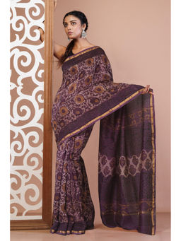 Unnati Silks - Purple Floral Block Printed Chanderi Sico Saree with Unstitched Blouse