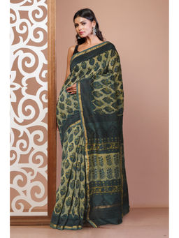 Unnati Silks - Green Floral Block Printed Chanderi Sico Saree with Unstitched Blouse