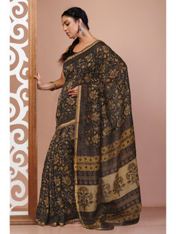 Unnati Silks - Brown Floral Block Printed Chanderi Sico Saree with Unstitched Blouse